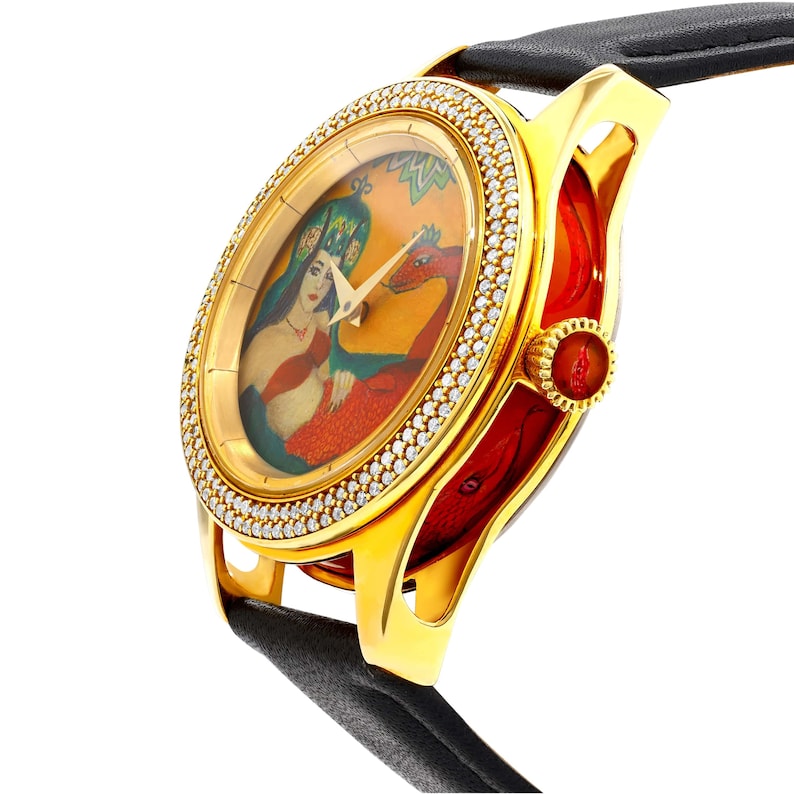 Wunderschöne Sahmaran bemalte Uhr, echte Diamanten Luxus Armbanduhr, echtes Leder Damen Uhr, türkische Mythologie Schlangenuhr, Geschenk für sie Bild 5