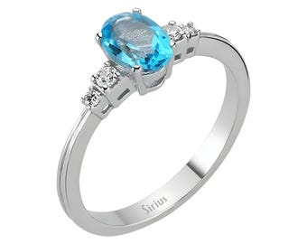 Anello solitario con topazio blu taglio ovale, anello di fidanzamento con diamanti autentici, anello in oro per proposta, anello di promessa con pietre preziose, regalo di anniversario