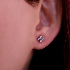 Genuine Diamond Floral Stud Earrings, 14K Gold Four Leaf Clover Earrings, Gemstone Women Earrings, Statement Jewelry, Anniversary Gift