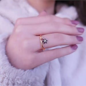 Dainty Snowflake Charm Ring, 8K Gold Women Minimalist Ring, 0.01 Ct Genuine Diamond Everyday Ring, Tiny Stackable Ring, Girlfriend Gift