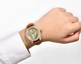 Orologio con micropietra dipinta a mano con giaguaro, orologio da donna con gatto selvatico dipinto a mano, orologio da polso in vera pelle, lusso con diamanti fatto a mano, regalo di compleanno