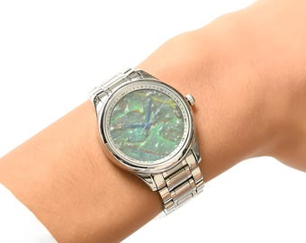 Green Abstract Design Watch, Hand Painted Luxury Women Watch, Stainless Still Waterproof Analog Watch, Unique Quartz Wristwatch, Luxury Gift