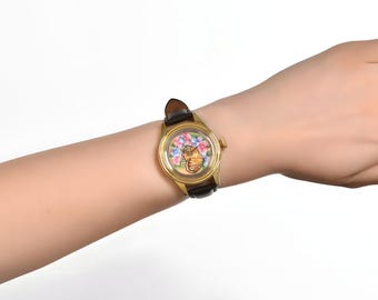 Montre-bracelet papillon pour femme peinte à la main, montre en acier inoxydable encore étanche, montre de luxe en cuir véritable, montre florale, cadeau d&#39;anniversaire