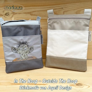 May include: Two tote bags with shoulder straps. One bag is gray with an embroidered goblin design. The other bag is beige and white. Both bags have a zippered top and a front pocket. The text "In The Hoop - Outside The Hoop" is at the bottom.