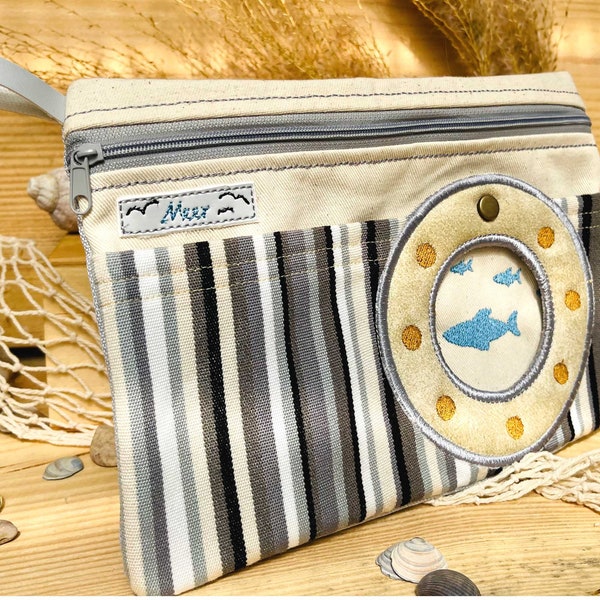 Beauty Bag Ocean 6x10'' In The Hoop maritime zipper bag embroidery file with porthole and fish ITH machine embroidery toiletry bag