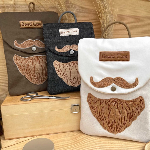 Beard Care Bag “BC” S, M & L In The Hoop Zipper Bag with Flap Embroidery Design Beard Machine Embroidery Beard Care Bag Embroidery Design