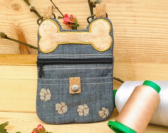 In The Hoop Zipper bag 5x7'' with slip pocket & patch pocket, ITH Embroidery file dog paws and bone appliqué, BoneBag