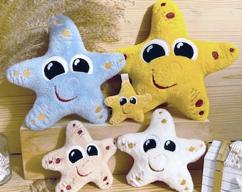 Embroidery file starfish ITH set, In The Hoop star cushion, 2 variants with embroidered and appliqued eyes, 8 sizes each, machine embroidery