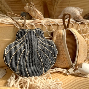 Puede incluir: Dos pequeñas bolsas de tela con forma de concha y una mochila. La bolsa con forma de concha está hecha de mezclilla azul oscuro con costuras doradas. La mochila está hecha de tela marrón claro con cierre de cremallera.