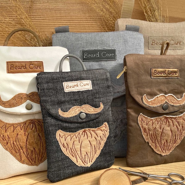 Beard Care Bag “BC” Set In The Hoop Reißverschlusstasche mit Klappe Stickdesign Bart ITH Maschinenstickerei Tasche in 5 Größen Stickdatei