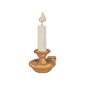 May include: A white candle with a flame sits on a gold candlestick with a decorative handle.