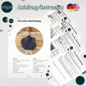 Pode incluir: Um documento de instru&ccedil;&otilde;es intitulado ITH Junior Shell Zip Bag apresentando uma imagem circular de uma bolsa em forma de concha feita de ganga azul escura com fecho e uma al&ccedil;a. O documento lista os materiais necess&aacute;rios.