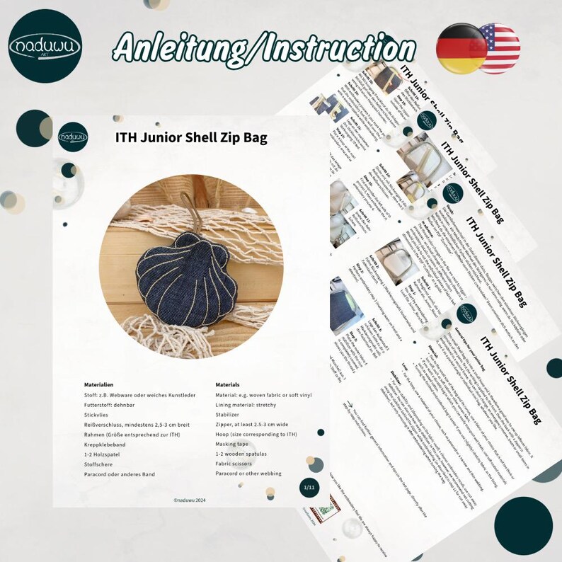 Pode incluir: Um documento de instru&ccedil;&otilde;es intitulado ITH Junior Shell Zip Bag apresentando uma imagem circular de uma bolsa em forma de concha feita de ganga azul escura com fecho e uma al&ccedil;a. O documento lista os materiais necess&aacute;rios.