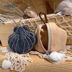 Könnte beinhalten: Zwei muschelförmige Beutel mit Schlaufen. Einer besteht aus dunkelblauem Denim mit weißen Steppnähten, der andere aus hellbraunem, strukturiertem Stoff mit beigem Reißverschluss. Beide Artikel verfügen über eine kleine Schlaufe zum Aufhängen.