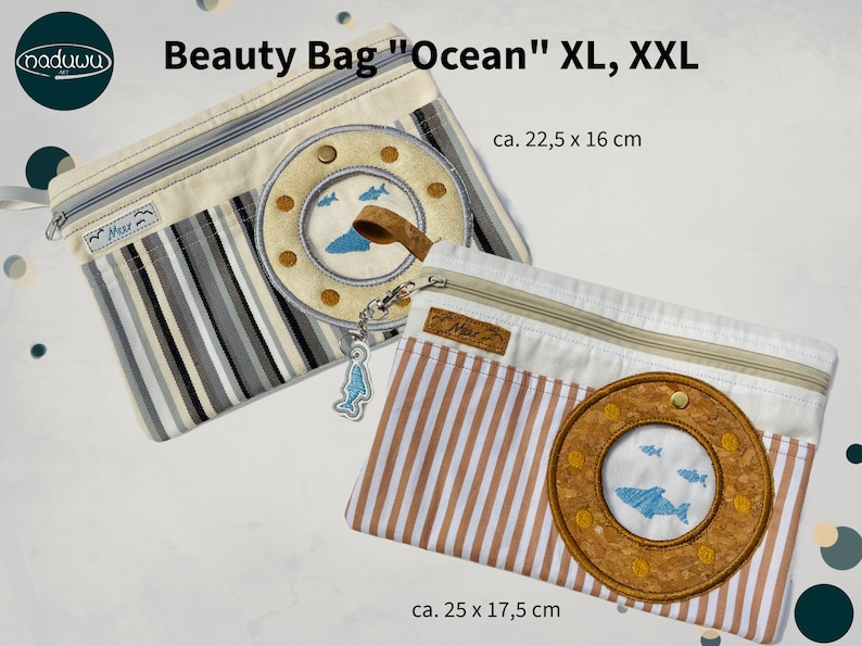 Beauty Bag Ocean XL, XXL In The Hoop Badetasche Stickdesign mit Bullauge und Fischen ITH Maschinenstickerei Set mit 2 Größen Stickdatei Bild 5