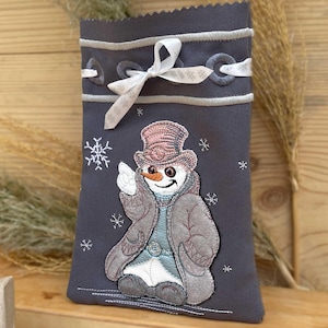 ITH embroidery file snowman applique 16x22 cm (6.29x8.66’’) gift bag, In The Hoop gift bag for Christmas & Santa Claus, machine embroidery