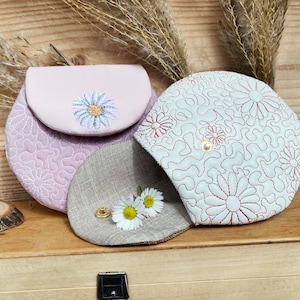 Stickdatei Tasche mit Gänseblümchen 13x18, In The Hoop Runde Daisy Bag, ITH Schminktasche, Stickdesign Maschinenstickerei mit Blumen