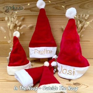 May include: Several red Santa hats with white trim and a white pom-pom on top are displayed. Some hats have names embroidered in gold thread. The text "In The Hoop - Outside The Hoop" is at the bottom of the image.