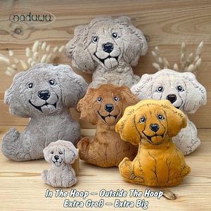 Puede incluir: Una colección de peluches con forma de perro en varios tamaños y colores, incluyendo gris, marrón y amarillo. Cada juguete presenta una cara sonriente con detalles bordados. El texto "In The Hoop - Outside The Hoop Extra Groß - Extra Big" es visible en la parte inferior.