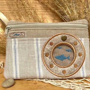 Beauty Bag Ocean 5x7’’ In The Hoop Bathing Bag Embroidery Design with Porthole and Fish ITH Machine Embroidery Size S Embroidery File