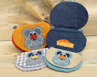May include: Four different fabric pouches with embroidered mouse designs. The pouches are in various colors, including orange, blue, and beige. Each pouch has a different mouse design, with one pouch featuring a slice of cheese.