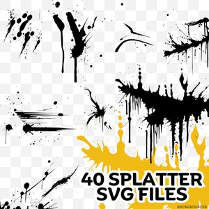 May include: A set of 40 black ink splatter SVG files. The splatter designs are in various shapes and sizes, perfect for adding a grunge or artistic touch to your projects.