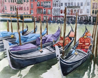 May include: Watercolor painting of gondolas docked in Venice, Italy. The boats are black with colorful coverings, and are tied to wooden poles. Buildings with red, pink, and white facades line the canal. The artist's signature and the year 2025 are in the bottom right corner.