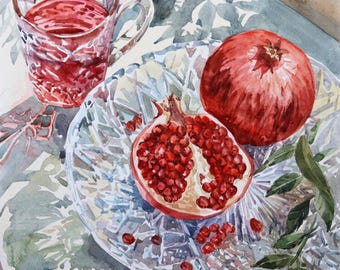 Watercolor painting Sunlit Pomegranates and Crystal Denys Tsarenko Original