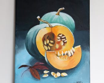 Pintura acrílica de calabaza: obra de arte original de naturaleza muerta (24 x 30 cm)