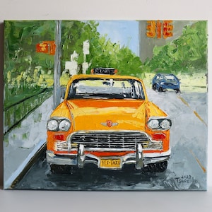 Taxi car Oil Painting New York City Original Art Wild old Car Artwork