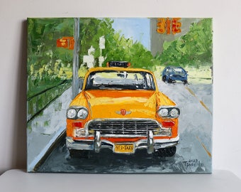 Taxi car Oil Painting New York City Original Art Wild old Car Artwork