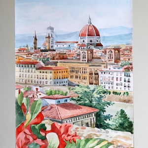 Originele Florence aquarel landschapsschilderij – Duomo en Arno rivier stadsgezicht muurkunst, handgemaakte Italiaanse kunst