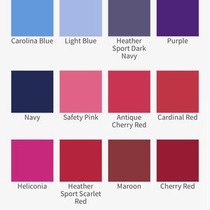 May include: A color chart with 16 different shades of blue, pink, red, and maroon. The colors are arranged in four rows of four squares each. The names of the colors are listed below each square.