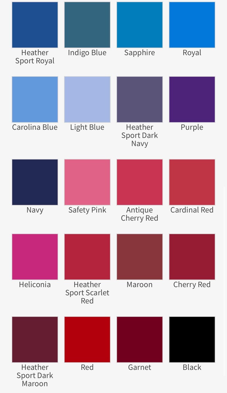 May include: A color chart with 16 different shades of blue, pink, red, and maroon. The colors are arranged in four rows of four squares each. The names of the colors are listed below each square.