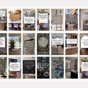 May include: A collage of 18 Instagram story graphics with tips for buying and selling a home. The graphics feature text overlays on images of kitchens, living rooms, and other home interiors.