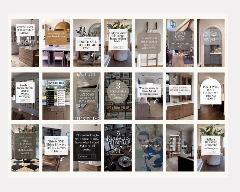 May include: A collage of 18 Instagram story graphics with tips for buying and selling a home. The graphics feature text overlays on images of kitchens, living rooms, and other home interiors.
