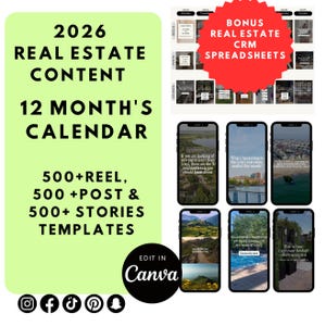 May include: A promotional graphic for real estate content, including a 12-month calendar, templates for reels, posts, and stories, and bonus CRM spreadsheets. The design features a green background with white text and smartphone mockups.