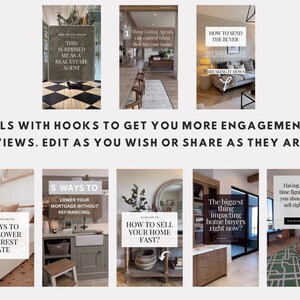 May include: A collage of nine Instagram Reels featuring tips for real estate agents and home buyers. The reels include topics such as how to send the buyer running, how to sell your home fast, and how to lower your mortgage without refinancing.