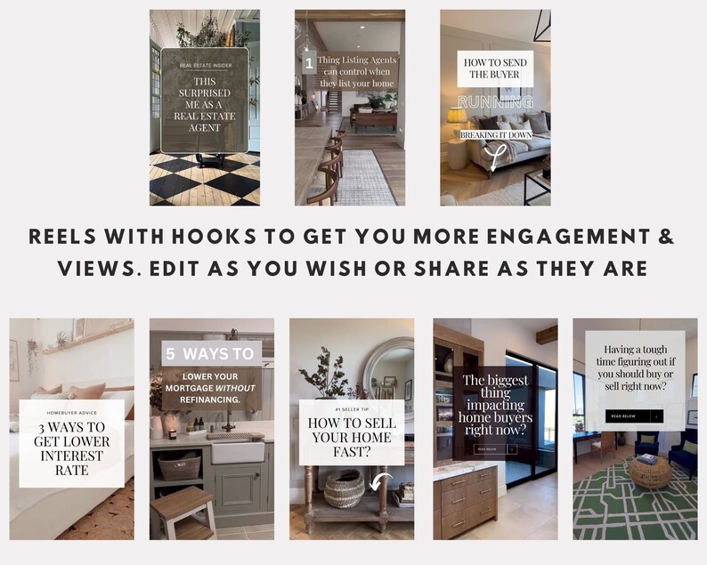 May include: A collage of nine Instagram Reels featuring tips for real estate agents and home buyers. The reels include topics such as how to send the buyer running, how to sell your home fast, and how to lower your mortgage without refinancing.