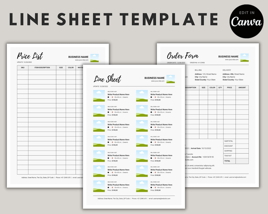 Line Sheet for Wholesale, Price List Template, Editable Template