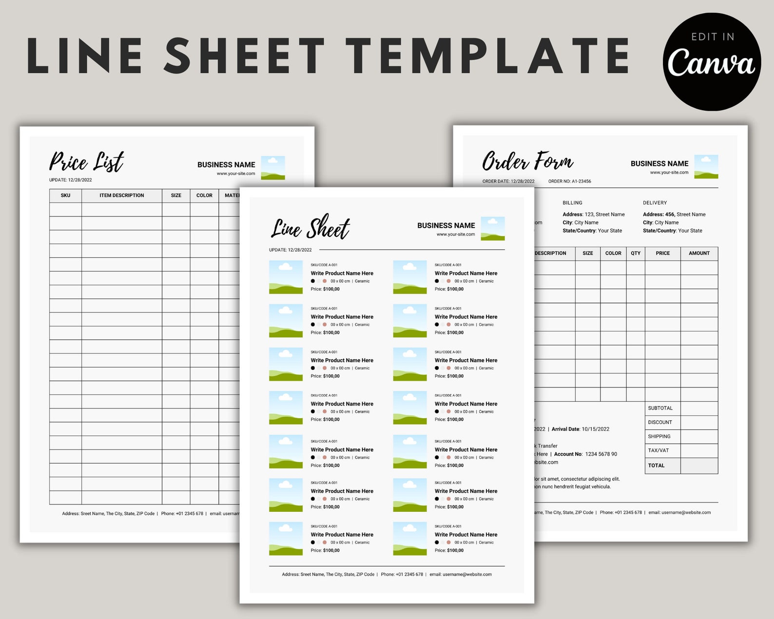 Line Sheet for Wholesale, Price List Template, Editable Template Catalog, Seller Shop, Product