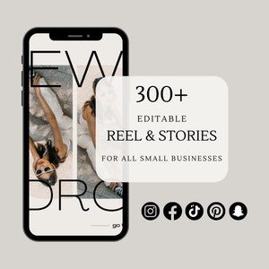 May include: A smartphone mockup with a black frame and a white screen displaying a graphic design with the text "NEW" and "DRO" in black. The text "300+ EDITABLE REEL & STORIES FOR ALL SMALL BUSINESSES" is displayed on a white rectangle with rounded corners. Social media icons for Instagram, Facebook, TikTok, Pinterest, and Snapchat are displayed below the rectangle.