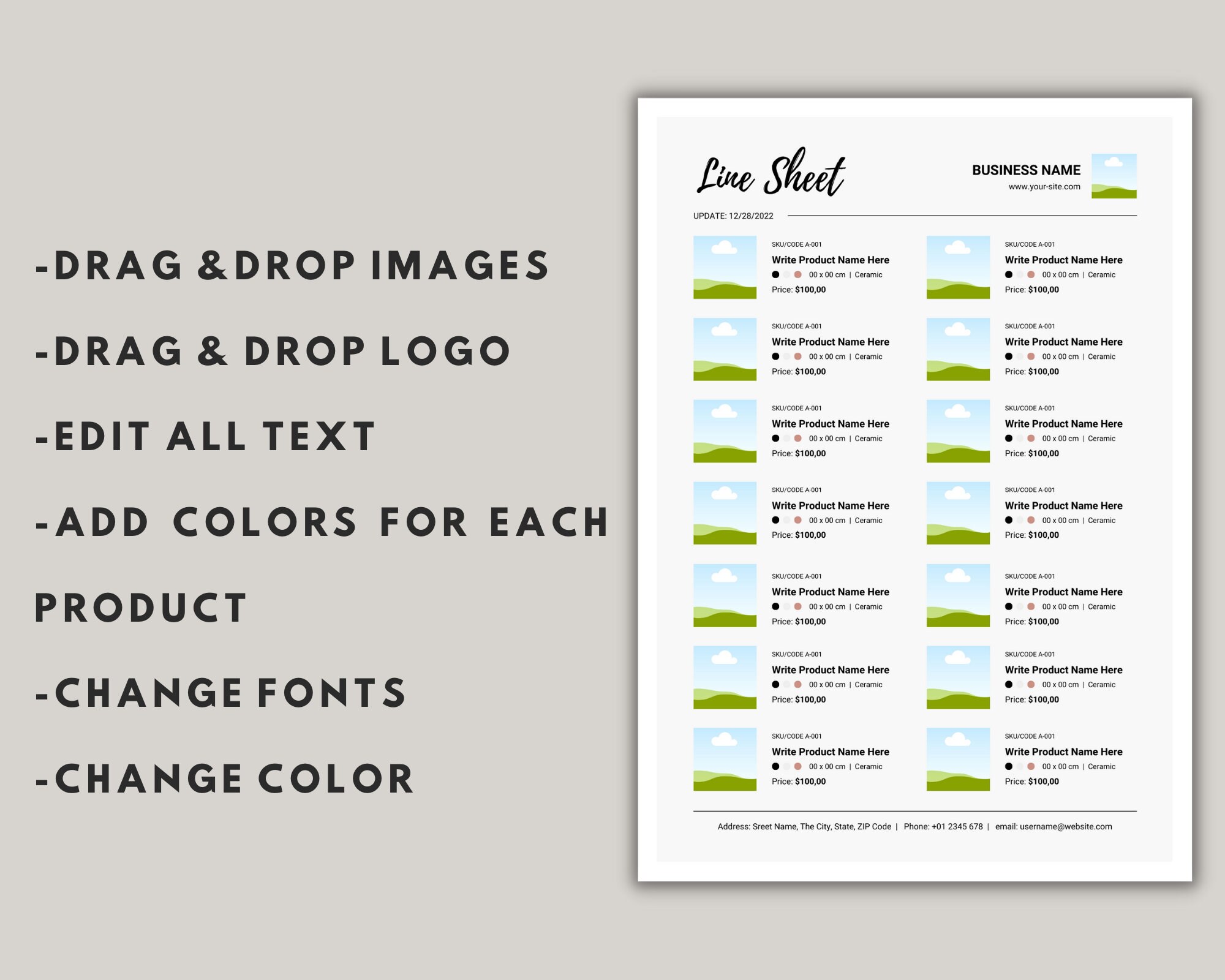Wholesale Line Sheet Template Price List & Order Form (canva Editable