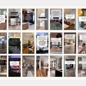 May include: A collage of 18 Instagram-style images with tips for buying and selling homes. The images feature interior design elements, such as kitchens, living rooms, and bathrooms, and include text overlays with advice on topics like credit scores, interest rates, and home buying strategies.