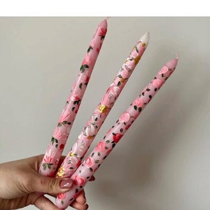 Pink Cutie Series /Hand Painted Taper Candles / Wedding Candle / Dinner Candles / Table Decoration /Flower Design / 3pcs Taper Candles