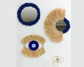Navy Blue Fan Bamboo Stick Mirror Raffia Evil Eye Bead Triple Set Bohemian Decoration