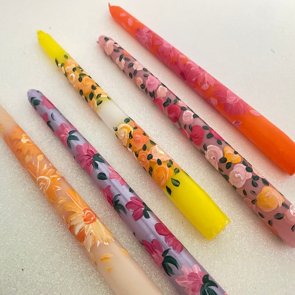 Summer Series Hand Painted Taper Candles / Wedding Candle/ Dinner Candles / Table Decoration / Gift Idea/Flower Design / 5 pcs Taper Candles