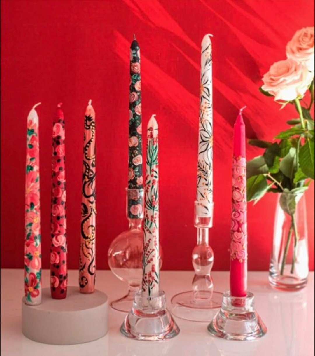Set of 7 Taper Candles/ Hand Painted Spring Floral Tapers Candles
