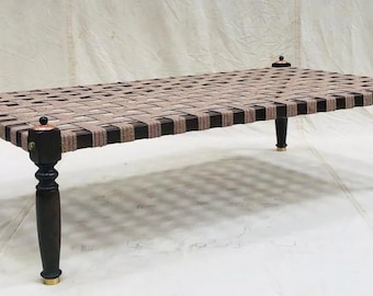 Charpai tradicional indio ecológico tejido a mano con cuerda de algodón en varios colores, cama de cuerda de madera clara/asiento indio de madera/banco de jardín