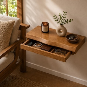 Könnte beinhalten: Ein wandmontiertes, schwebendes Holzregal mit Naturkante und einer ausziehbaren Schublade. Auf dem Regal stehen eine Kerze im Glas, eine Keramikvase mit grünen Blättern und eine kleine Holzschale mit einer Armbanduhr und Metallringen.